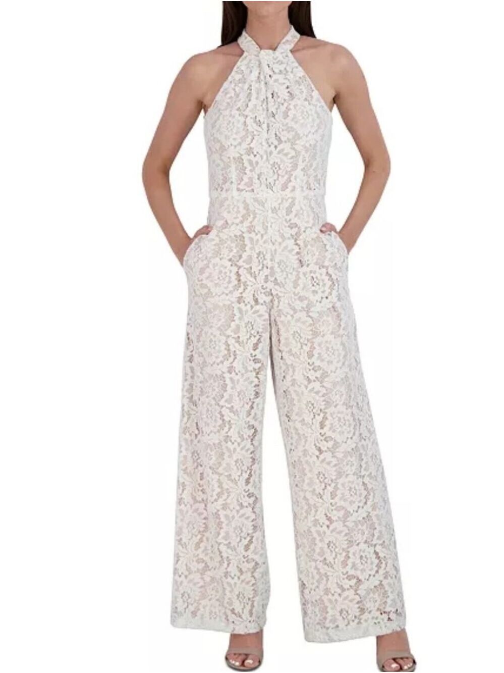 julia jordan White Lace Halter Wide-Leg Jumpsuit